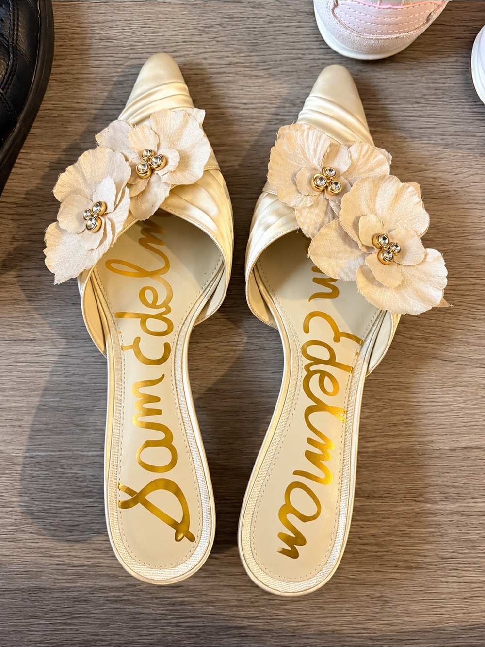 Sam Edelman Champagne Floral Applique Pointed Toe Mules